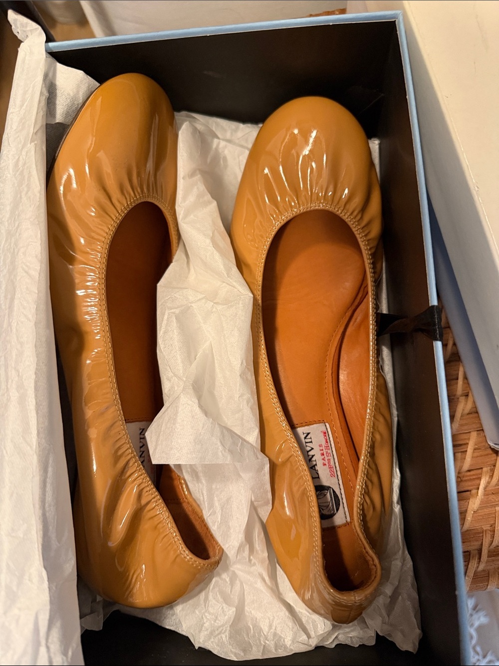 Lanvin Glossy Patent Ballerina Flats in Caramel Tan